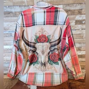 Boho Southwestern Bull W Roses Upcycled Dip Dye Bleached Flannel Shirt